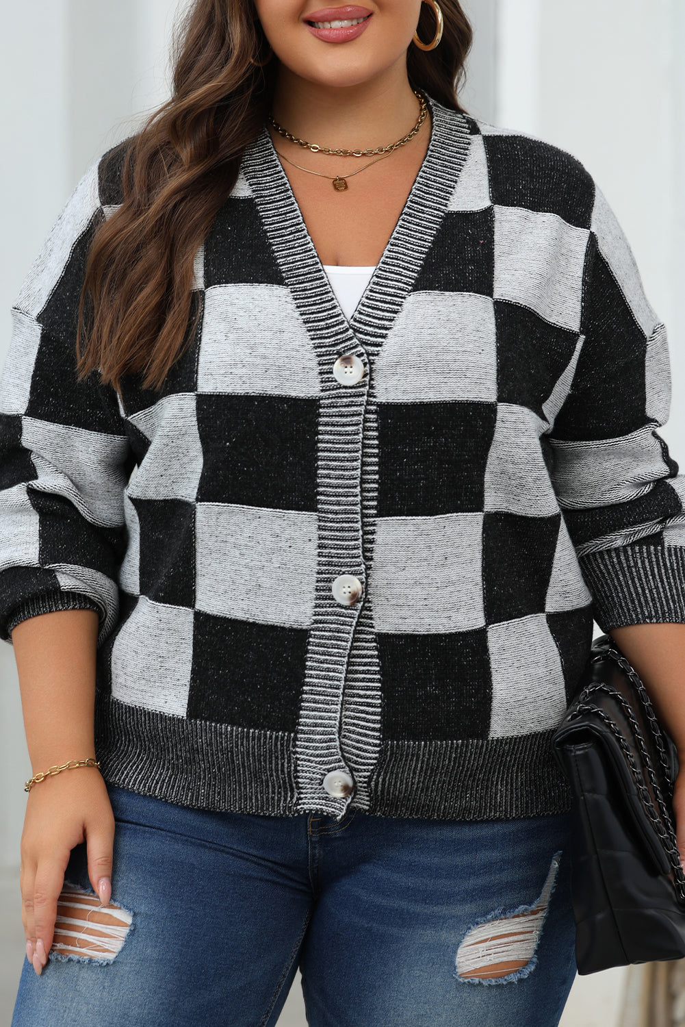 Black Checkered Drop Shoulder Buttoned V Neck Cardigan - ALOE WINGS STORE