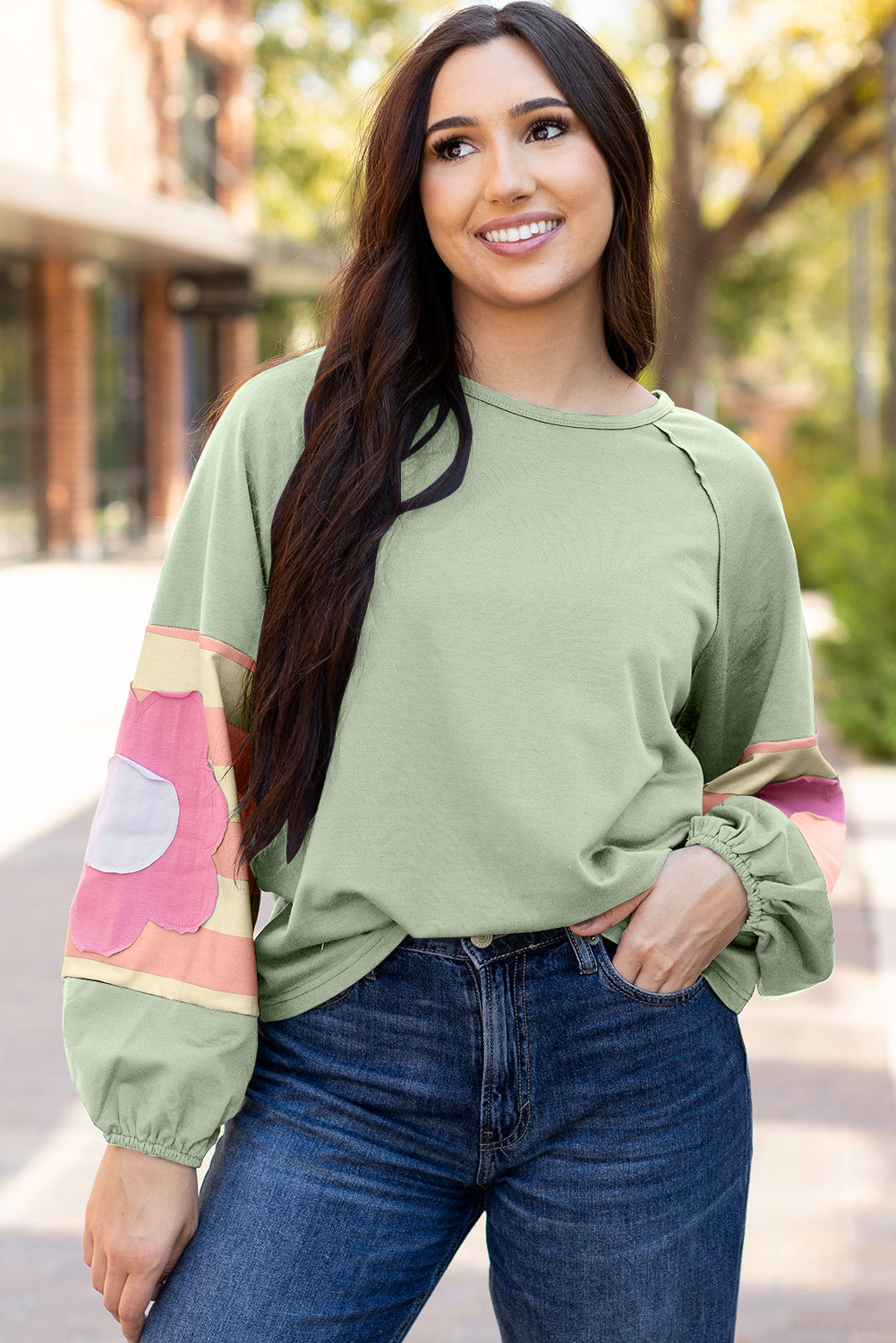 Smoke Green Floral Patchwork Raglan Sleeve Oversized Top with Exposed Seams - ALOE WINGS STORE