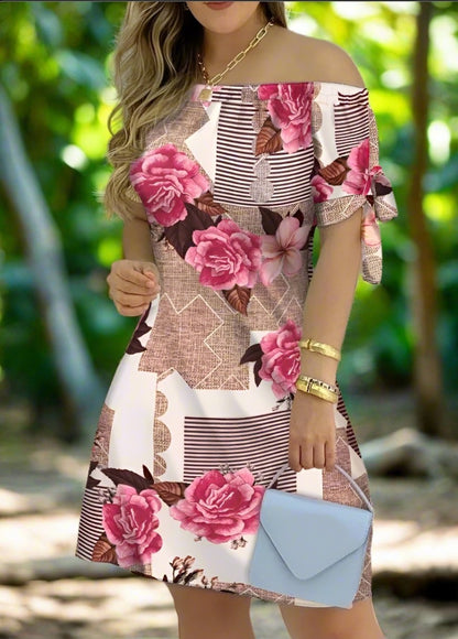 Women's Off-Shoulder Mini Dress – Casual Summer Short Sleeve Dress with Bow Detail | Elegant Relaxed Fit Party Outfit (Sizes up to 3XL)