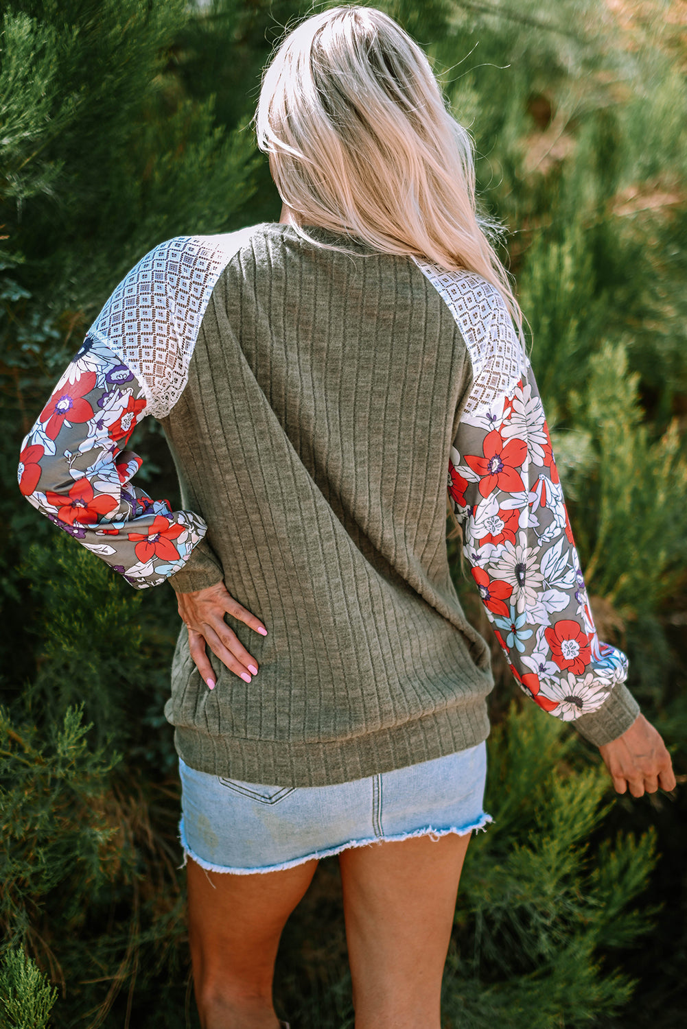 Floral Laurel Green Patchwork Ribbed Long Sleeve Top - ALOE WINGS STORE