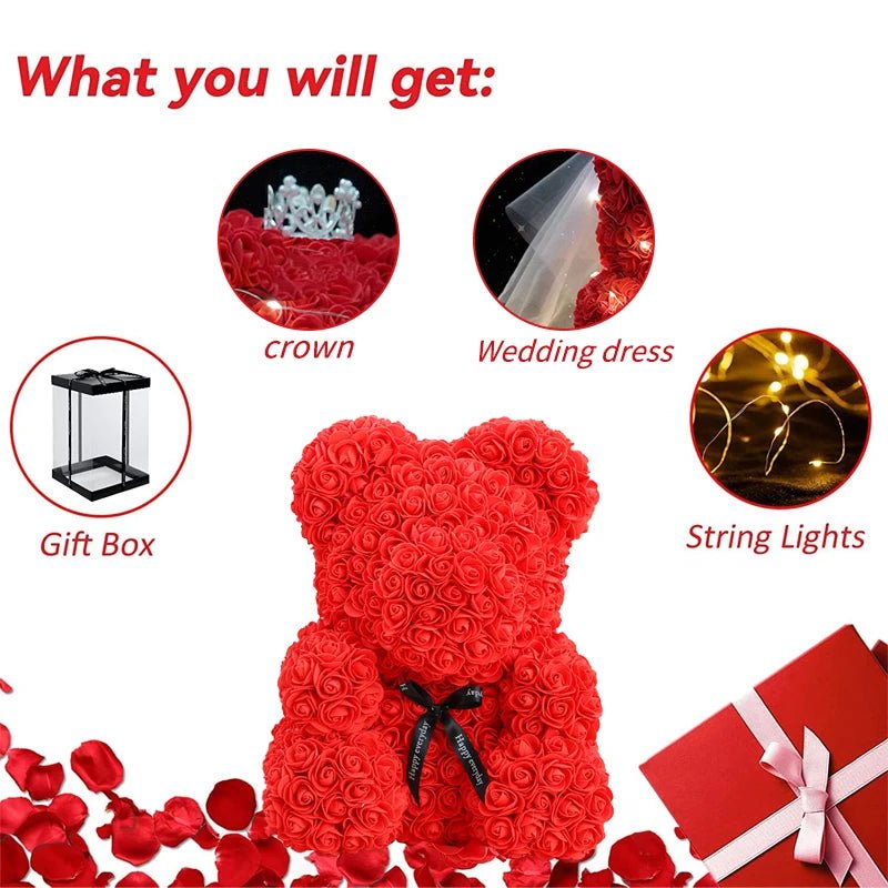 25 & 40cm Rose Teddy Bear With LED Lights In A Clear Box Selection - ALOE WINGS STORE