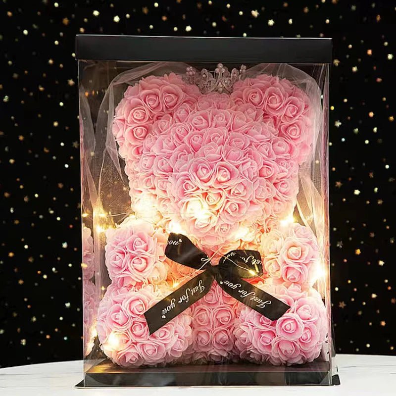 25 & 40cm Rose Teddy Bear With LED Lights In A Clear Box Selection-ALOE WINGS STORE