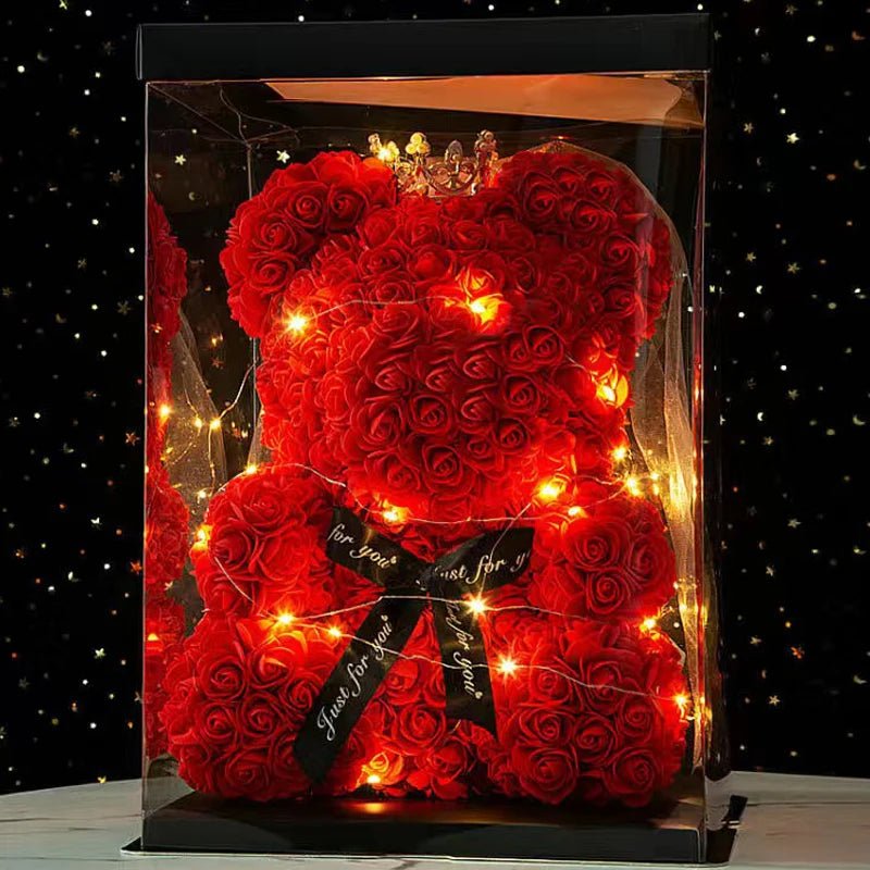 25 & 40cm Rose Teddy Bear With LED Lights In A Clear Box Selection - ALOE WINGS STORE