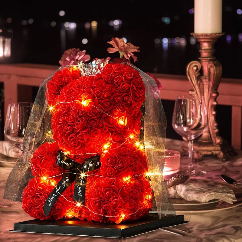 25 & 40cm Rose Teddy Bear With LED Lights In A Clear Box Selection-ALOE WINGS STORE