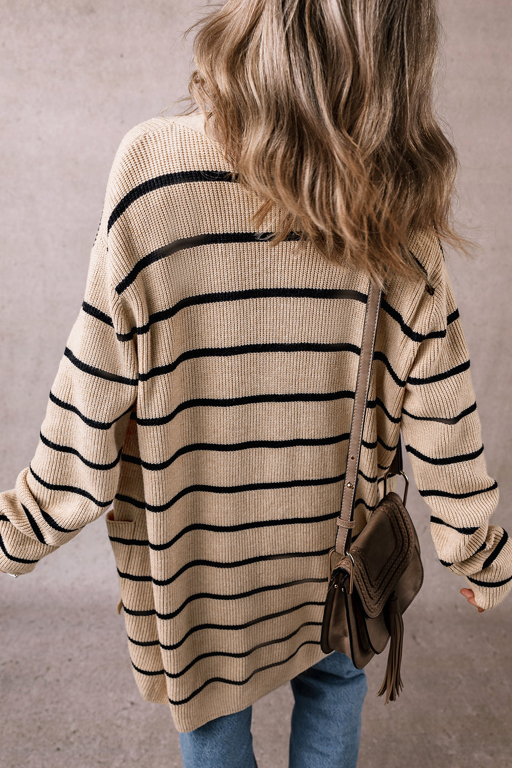 Black Striped Shawl Collar Open Cardigan with Pockets - ALOE WINGS STORE