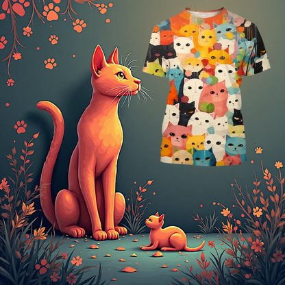 Cute orange cat sitting beside a t-shirt featuring an all-over cat face pattern