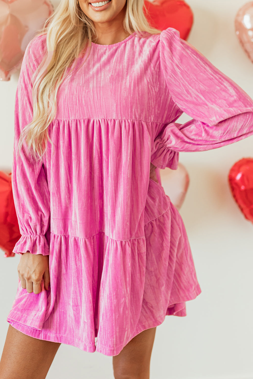 Strawberry Pink Tiered Ruffled Velvet Mini Dress with Flounce Sleeves - ALOE WINGS STORE