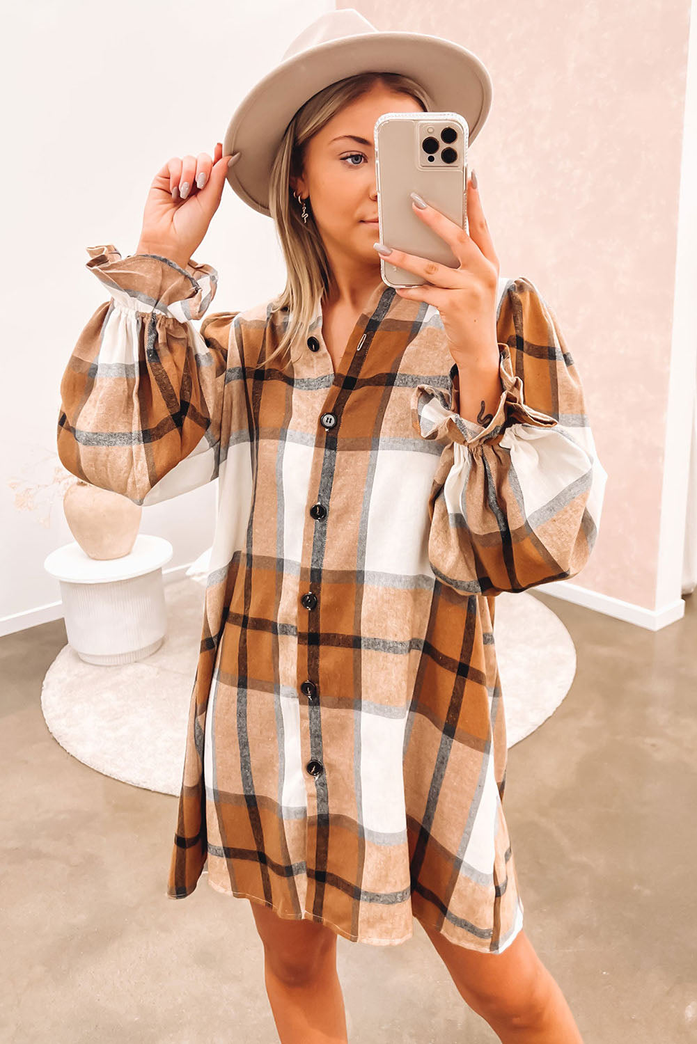 Khaki Plaid Collared Shirt Dress with Ruffled Sleeves - ALOE WINGS STORE