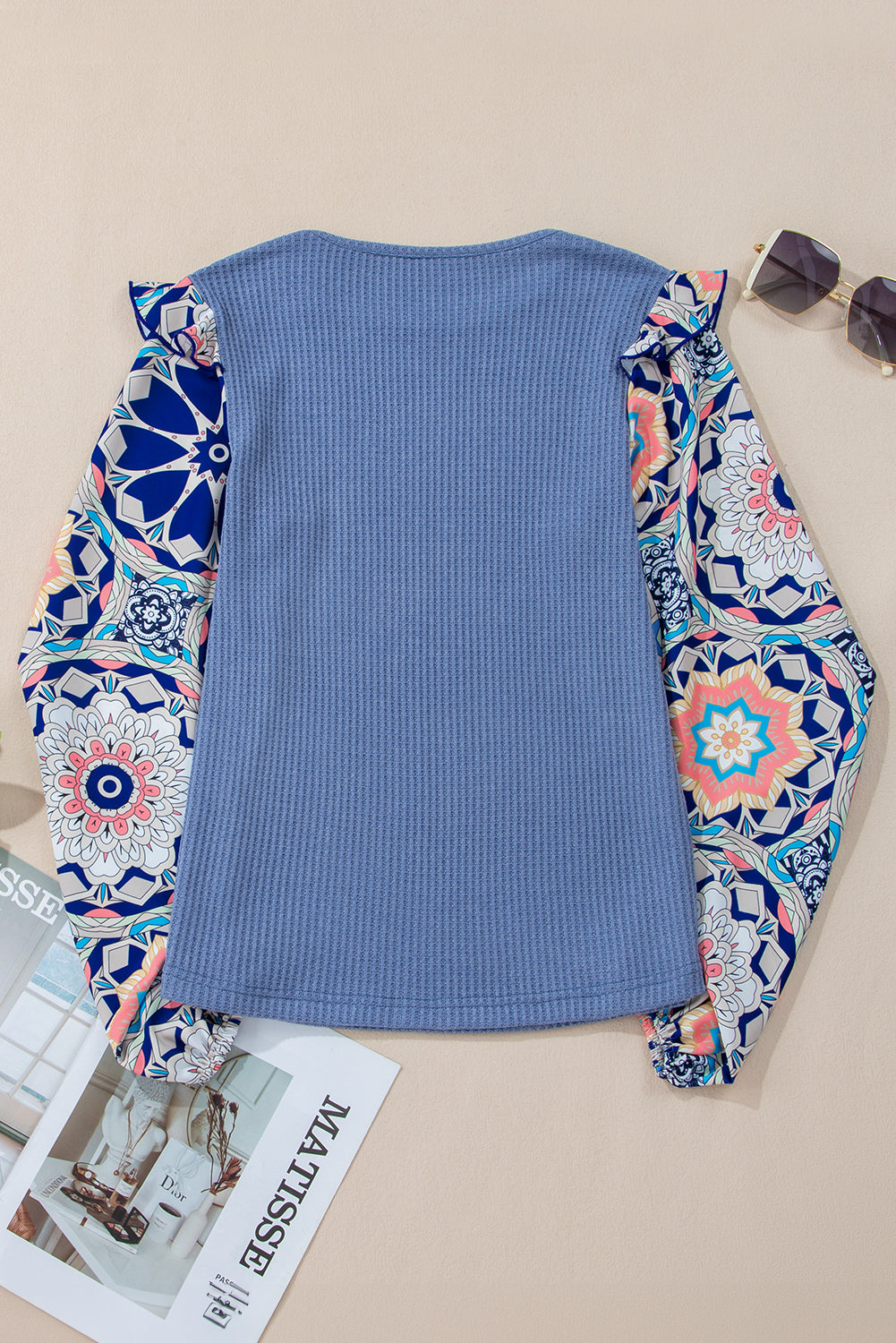 Blue O-Neck Waffle Knit Blouse with Floral Sleeves and Ruffles - ALOE WINGS STORE