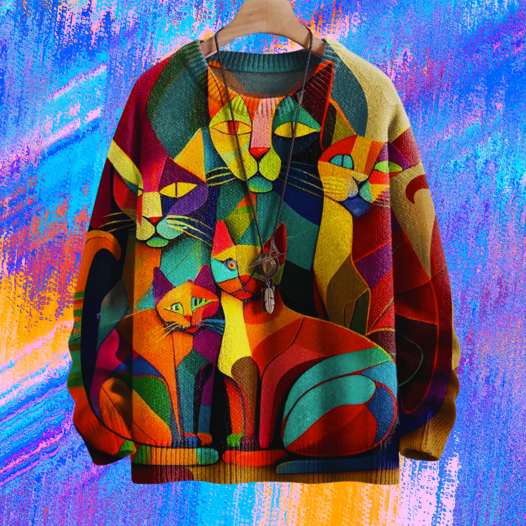 Vibrant Geometric Cat Art Sweater Collection