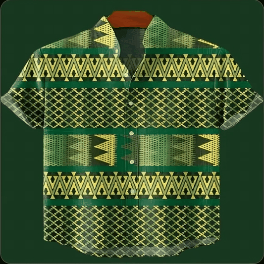 Men's Linen Blend Short Sleeve V-Neck Shirt – Forest Art Print Casual Shirt for Travel & Summer Wear