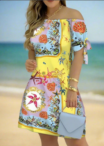 Women's Off-Shoulder Mini Dress – Casual Summer Short Sleeve Dress with Bow Detail | Elegant Relaxed Fit Party Outfit (Sizes up to 3XL)