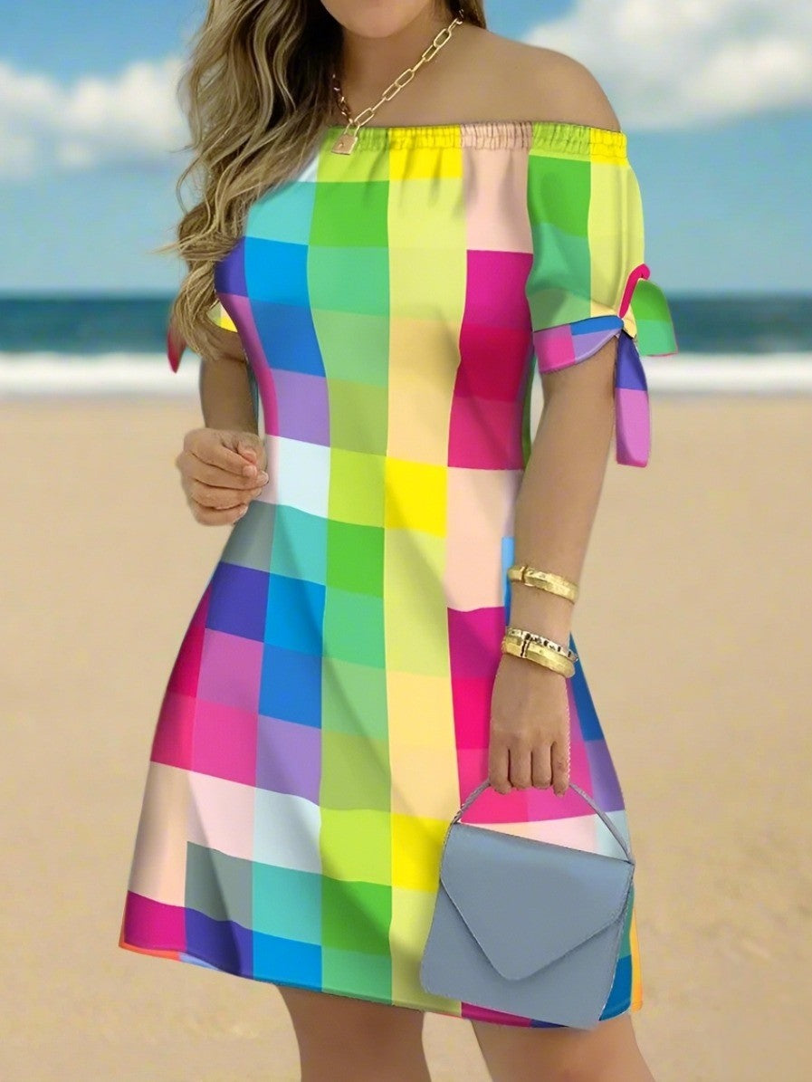 Women's Off-Shoulder Mini Dress – Casual Summer Short Sleeve Dress with Bow Detail | Elegant Relaxed Fit Party Outfit (Sizes up to 3XL)