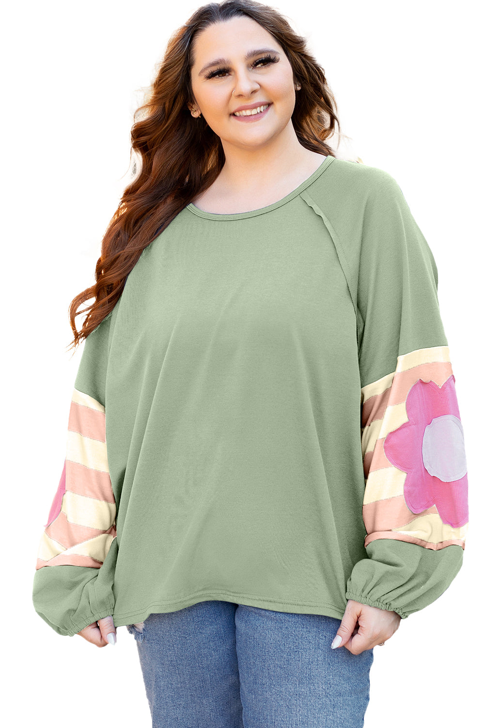 Smoke Green Floral Patchwork Raglan Sleeve Oversized Top with Exposed Seams - ALOE WINGS STORE