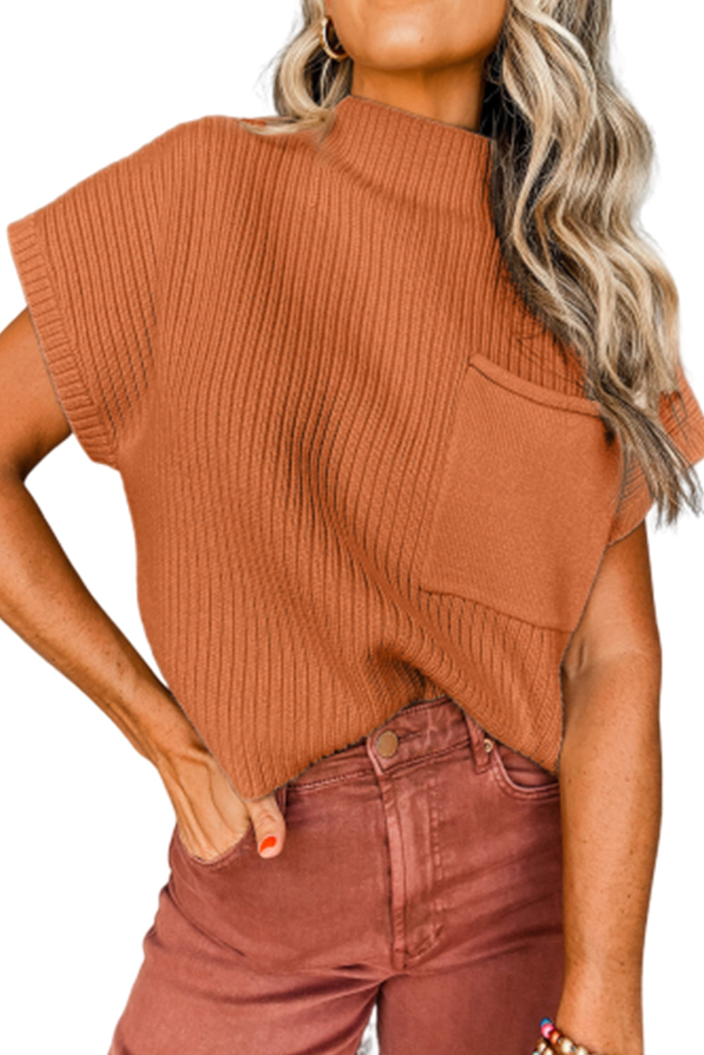 Gold Flame Patch Pocket Ribbed Knit Short Sleeve Sweater - ALOE WINGS STORE