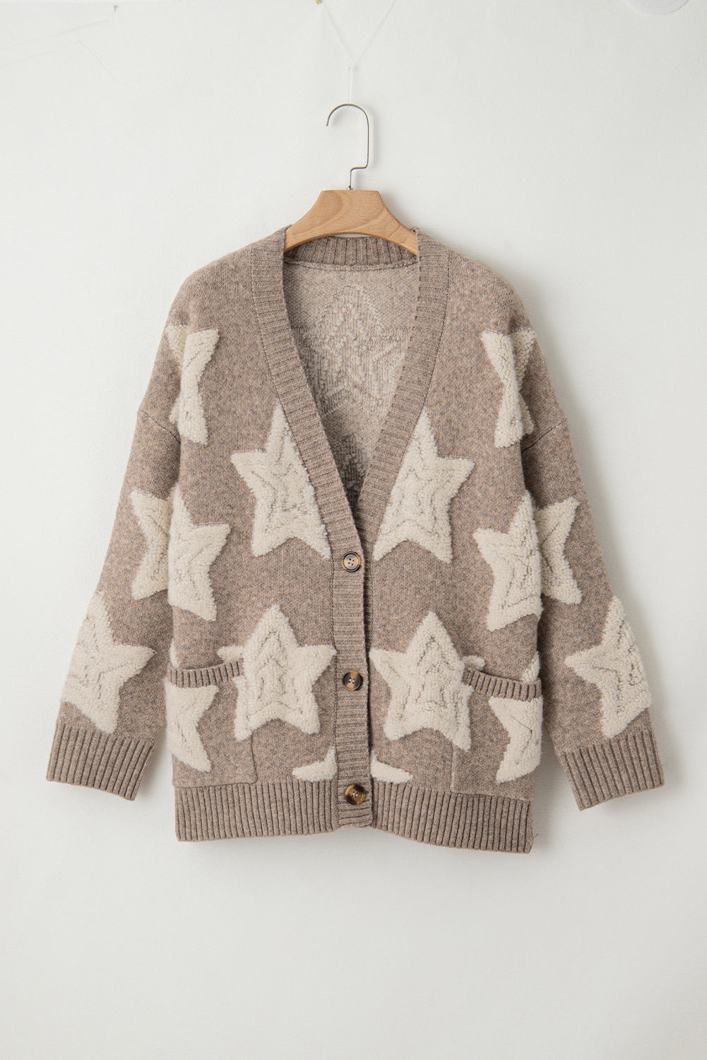 Khaki Sherpa Textured Cardigan with Star Pattern and Pockets - ALOE WINGS STORE