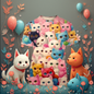 Adorable white and orange cats surrounded by balloons on a vibrant 3D printed tee
