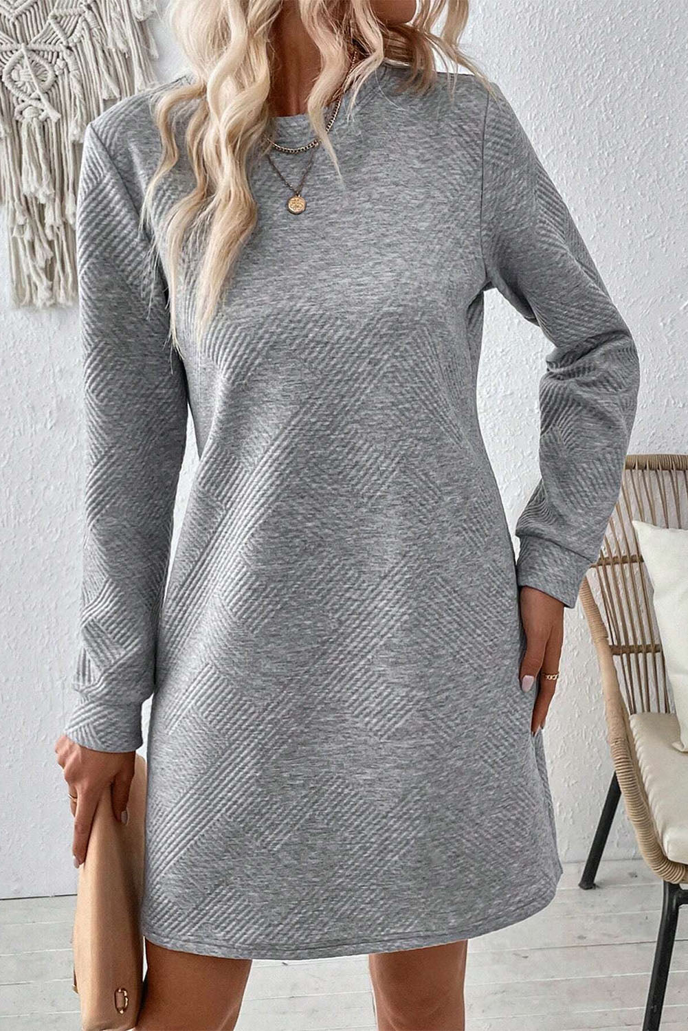 Gray Solid Color Textured Long Sleeve Shift Dress - ALOE WINGS STORE