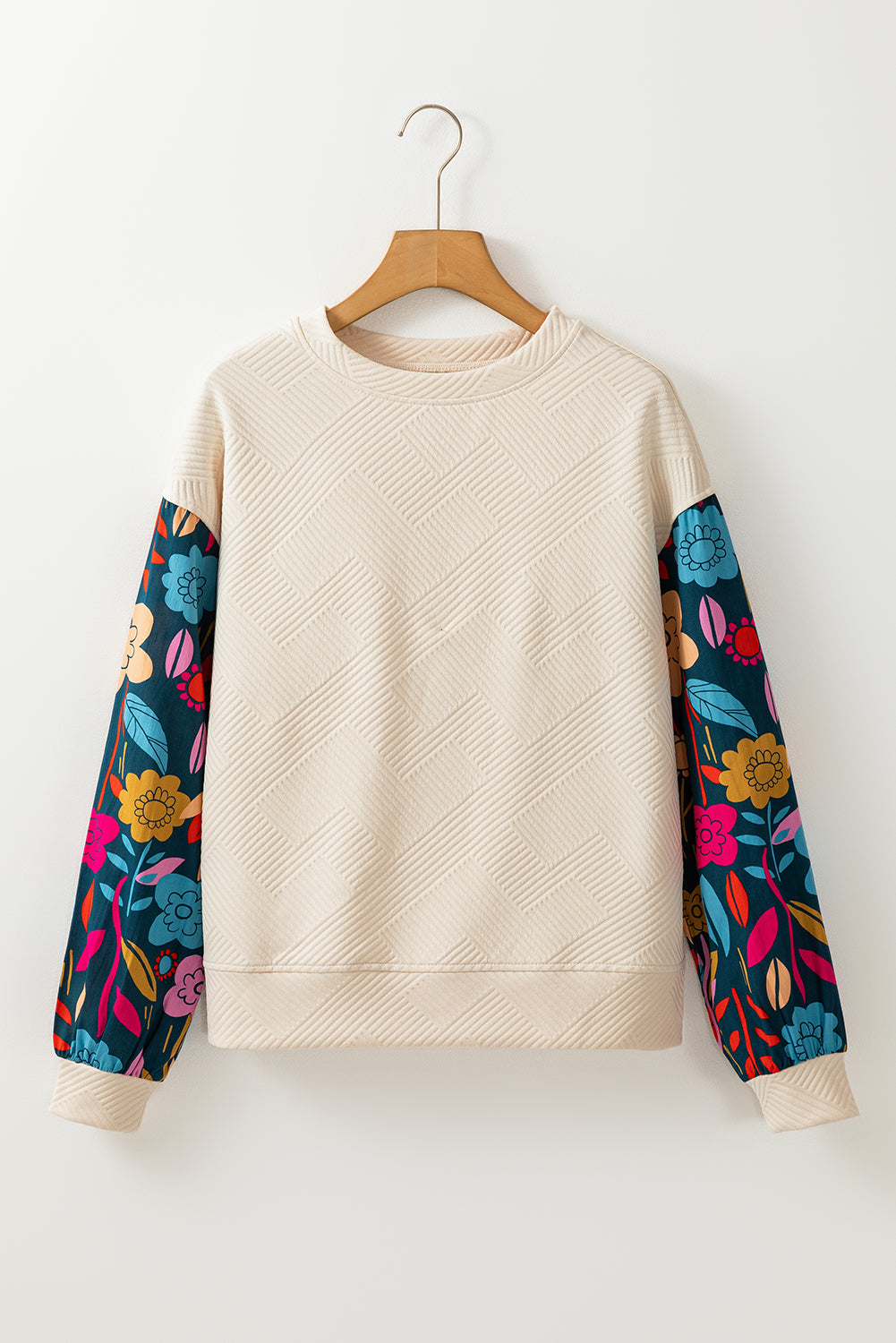 White Textured Knit Top with Contrast Floral Drop Shoulder Sleeves - ALOE WINGS STORE