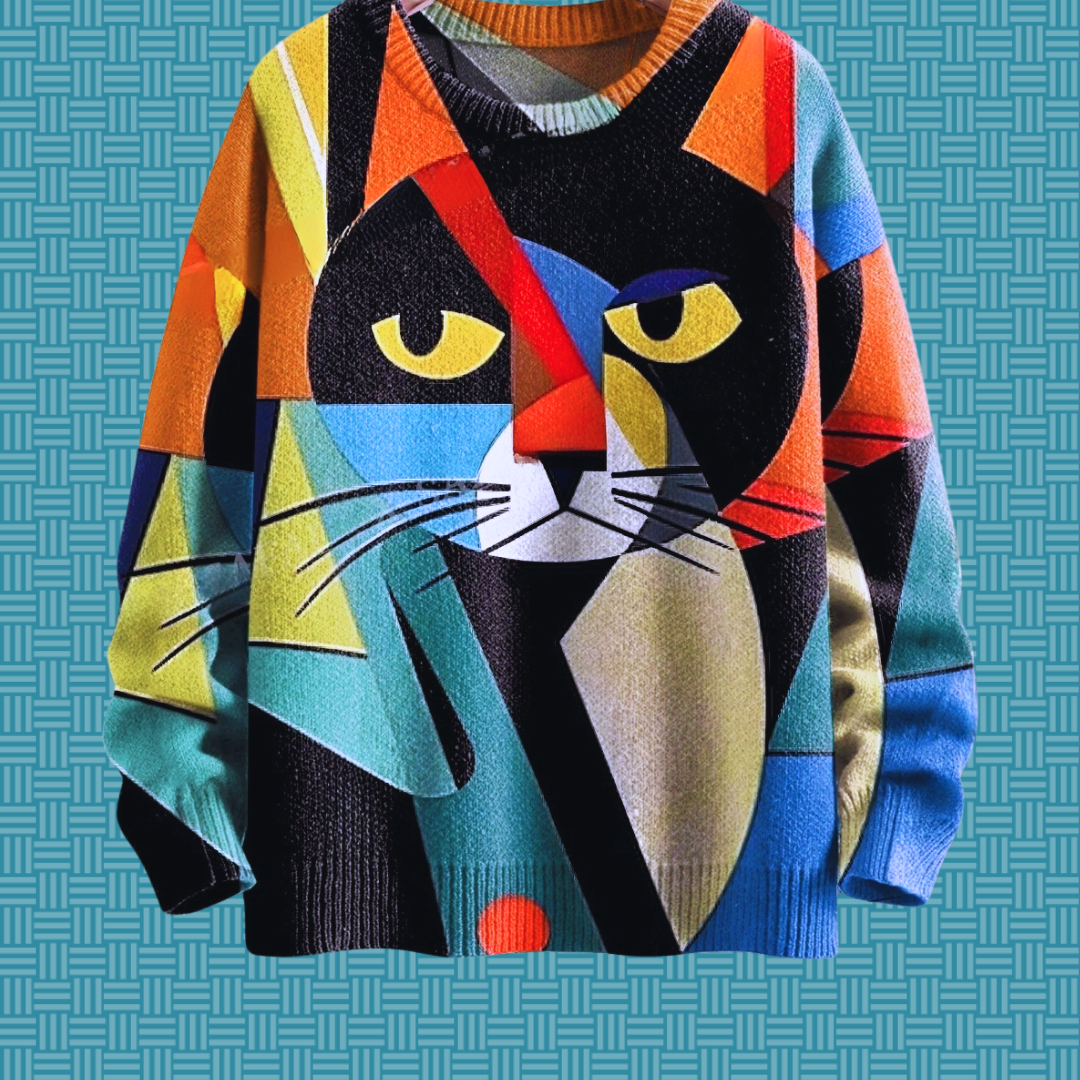 Vibrant Geometric Cat Art Sweater Collection