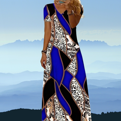 Royal Blue and Leopard Patterned V-Neck Maxi Dress – Bold Summer Fashion
