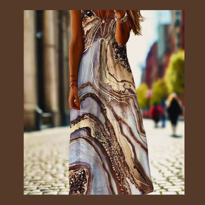 Women's Bohemian Marble Print Maxi Dresses – Sleeveless Loose A-Line Beach Resort Dresses