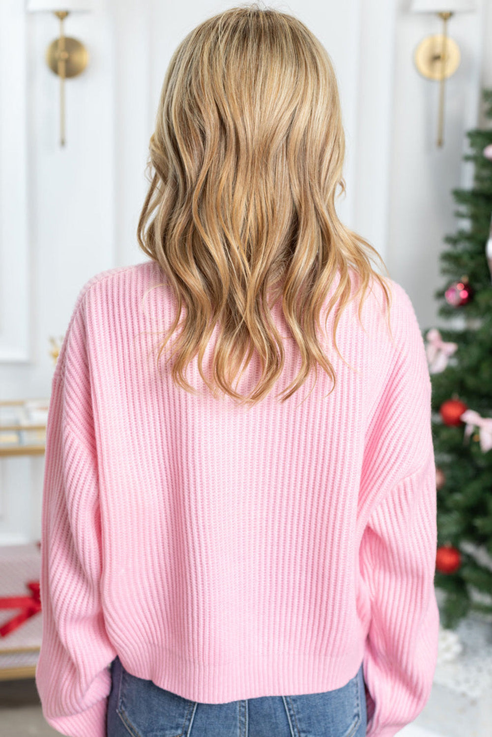 Festive Pink Merry & Bright Waffle Knit Pullover - ALOE WINGS STORE