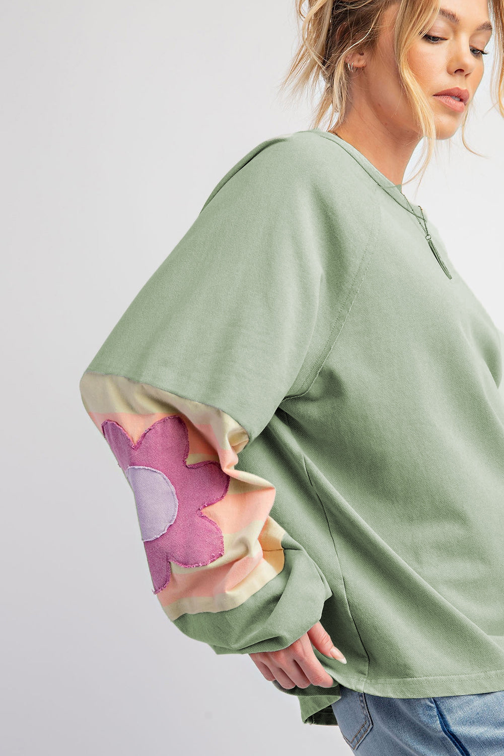 Smoke Green Floral Patchwork Raglan Sleeve Oversized Top with Exposed Seams - ALOE WINGS STORE