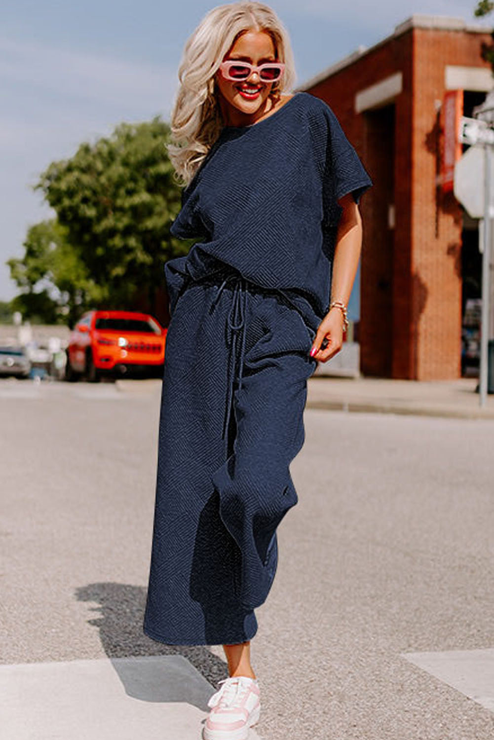 Navy Blue Textured Loose-Fit T-Shirt and Drawstring Pants Lounge Set - ALOE WINGS STORE