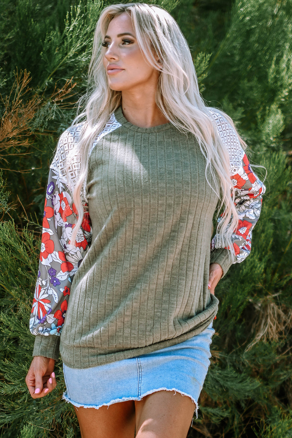 Floral Laurel Green Patchwork Ribbed Long Sleeve Top - ALOE WINGS STORE