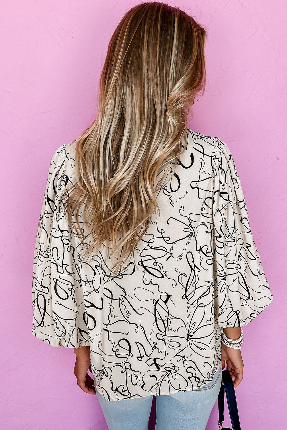 Beige Crew Neck Blouse with Abstract Print and Balloon Sleeves - ALOE WINGS STORE