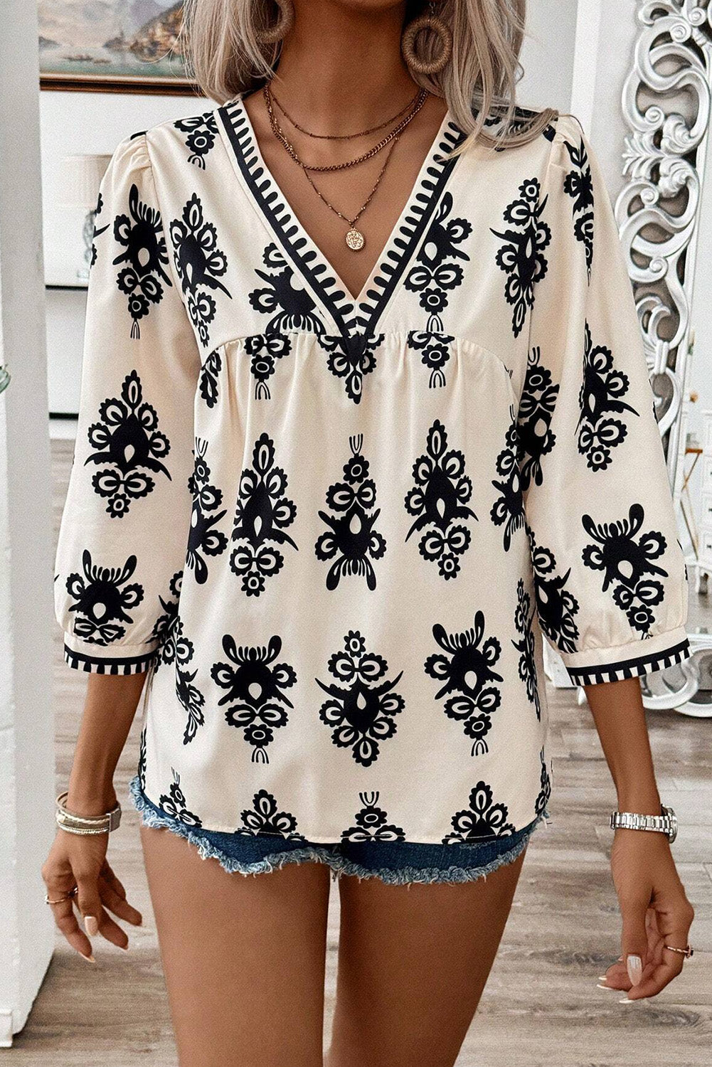 Vintage-Inspired Geometric 3/4 Sleeve Blouse - ALOE WINGS STORE