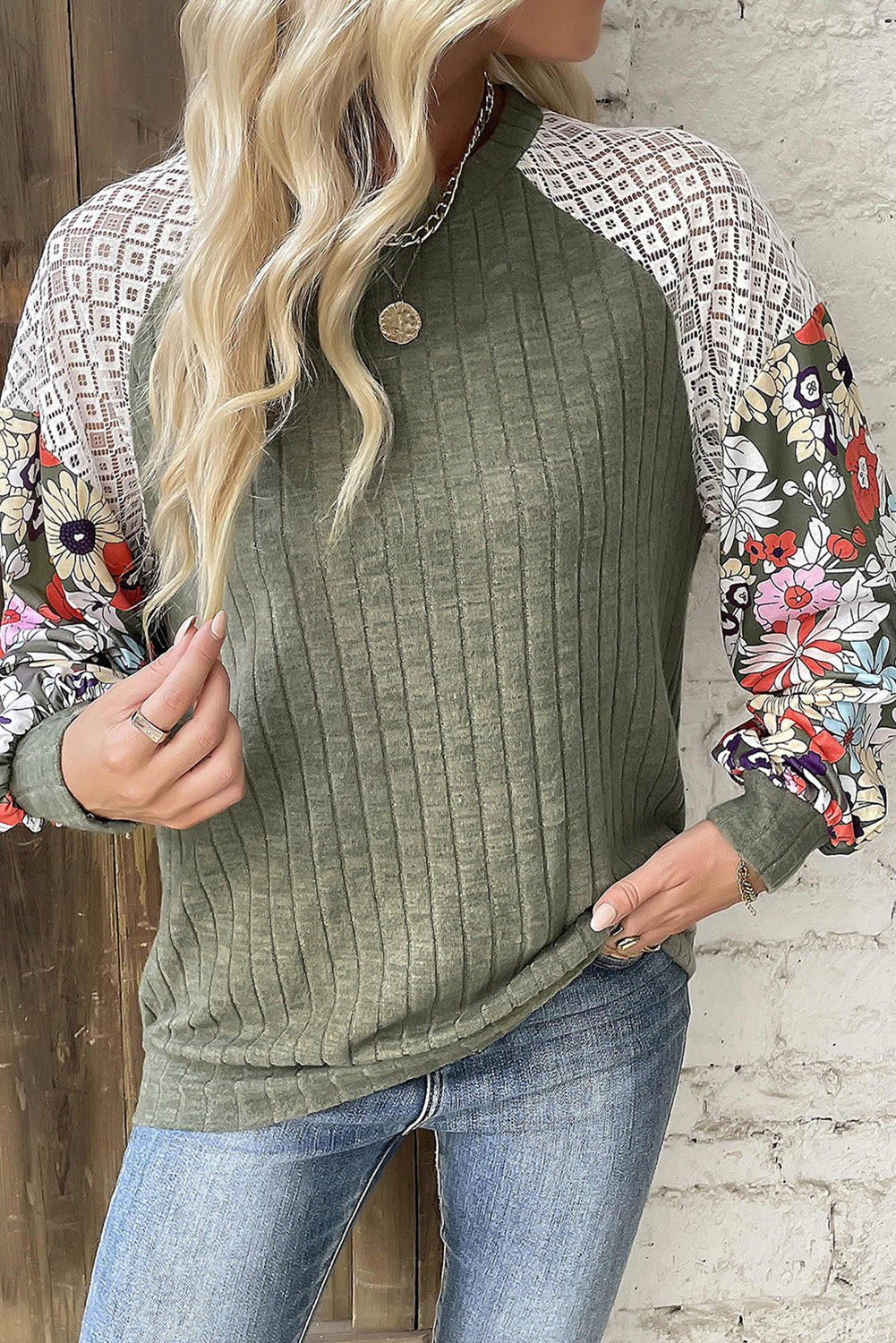 Floral Laurel Green Patchwork Ribbed Long Sleeve Top - ALOE WINGS STORE