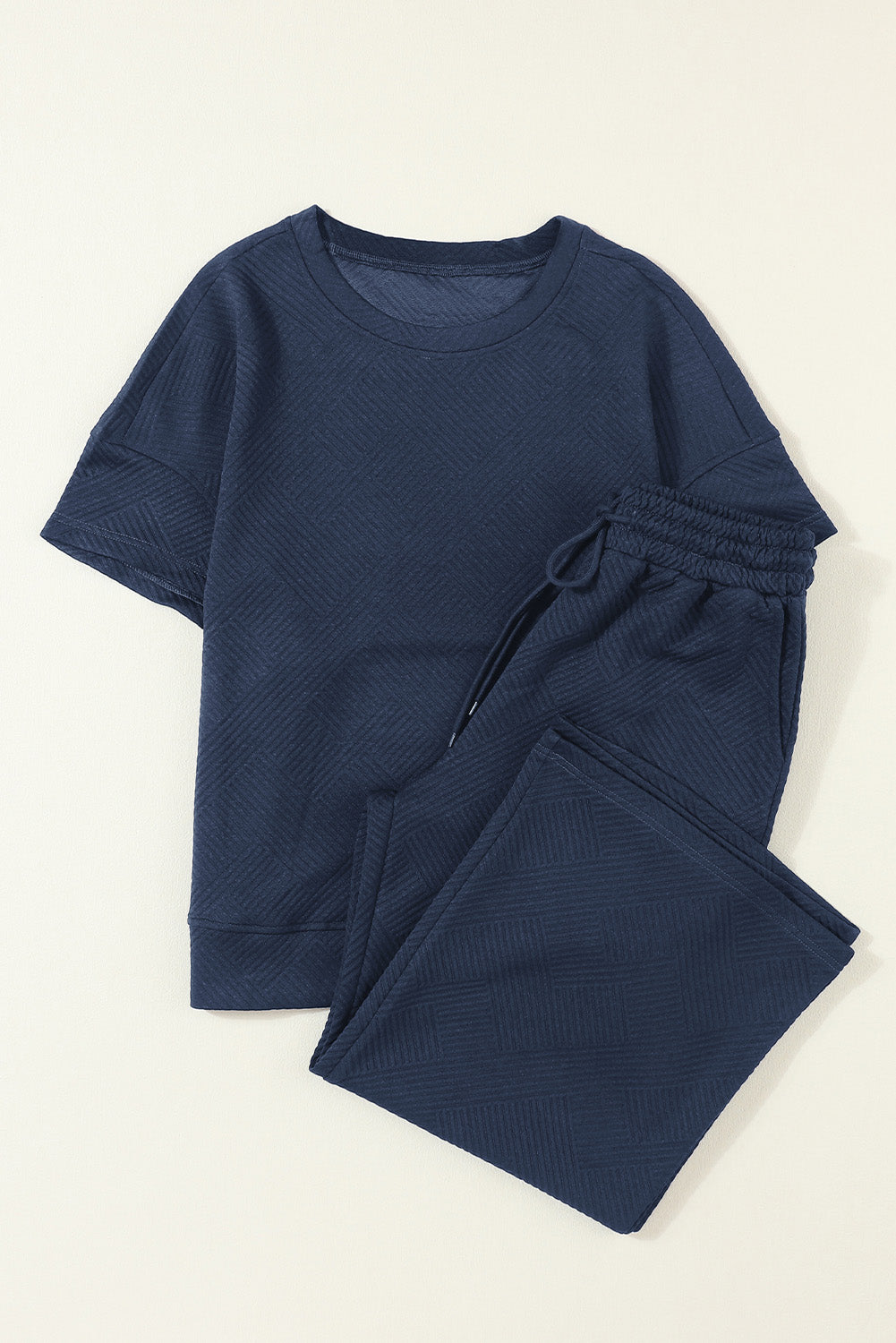 Navy Blue Textured Loose-Fit T-Shirt and Drawstring Pants Lounge Set - ALOE WINGS STORE