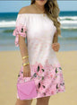 Women's Off-Shoulder Mini Dress – Casual Summer Short Sleeve Dress with Bow Detail | Elegant Relaxed Fit Party Outfit (Sizes up to 3XL)