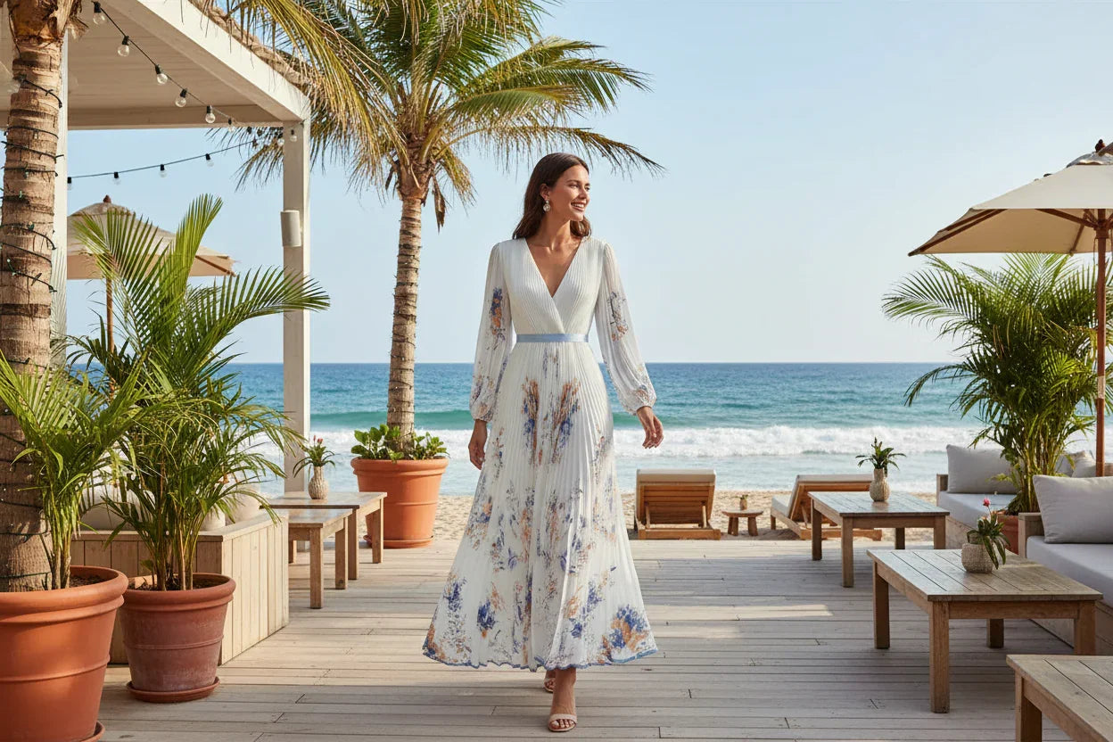 Spring Summer Boho Maxi Dress for Women – V-Neck Floral Print, Long Sleeve A-Line Swing Dress with Belt | Perfect for Beach, Wedding Guest & Vacation