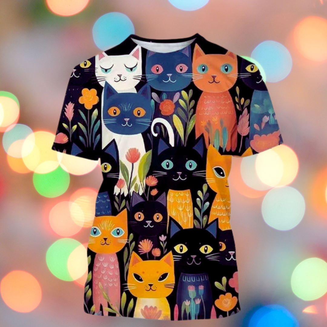 Colorful cat faces on a dark t-shirt with bokeh light background, Harajuku style