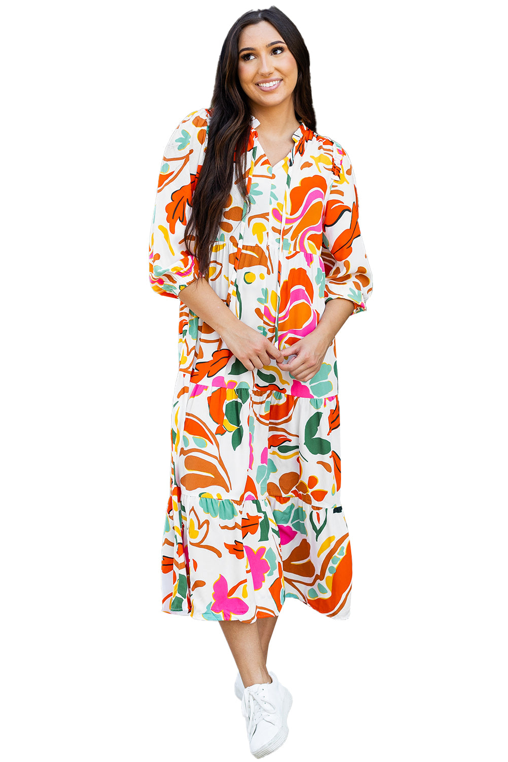 Orange Floral Split V-Neck Tiered Maxi Dress - ALOE WINGS STORE