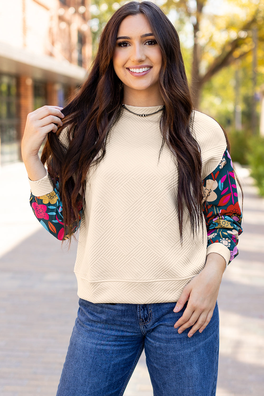 White Textured Knit Top with Contrast Floral Drop Shoulder Sleeves - ALOE WINGS STORE