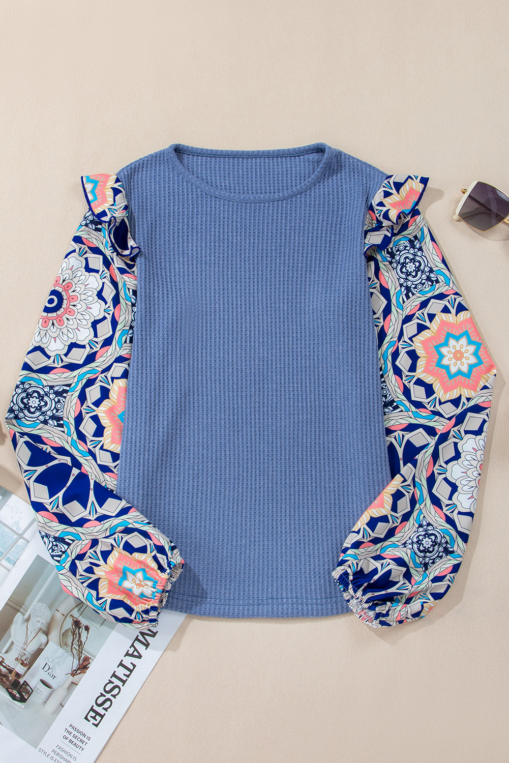 Blue O-Neck Waffle Knit Blouse with Floral Sleeves and Ruffles - ALOE WINGS STORE