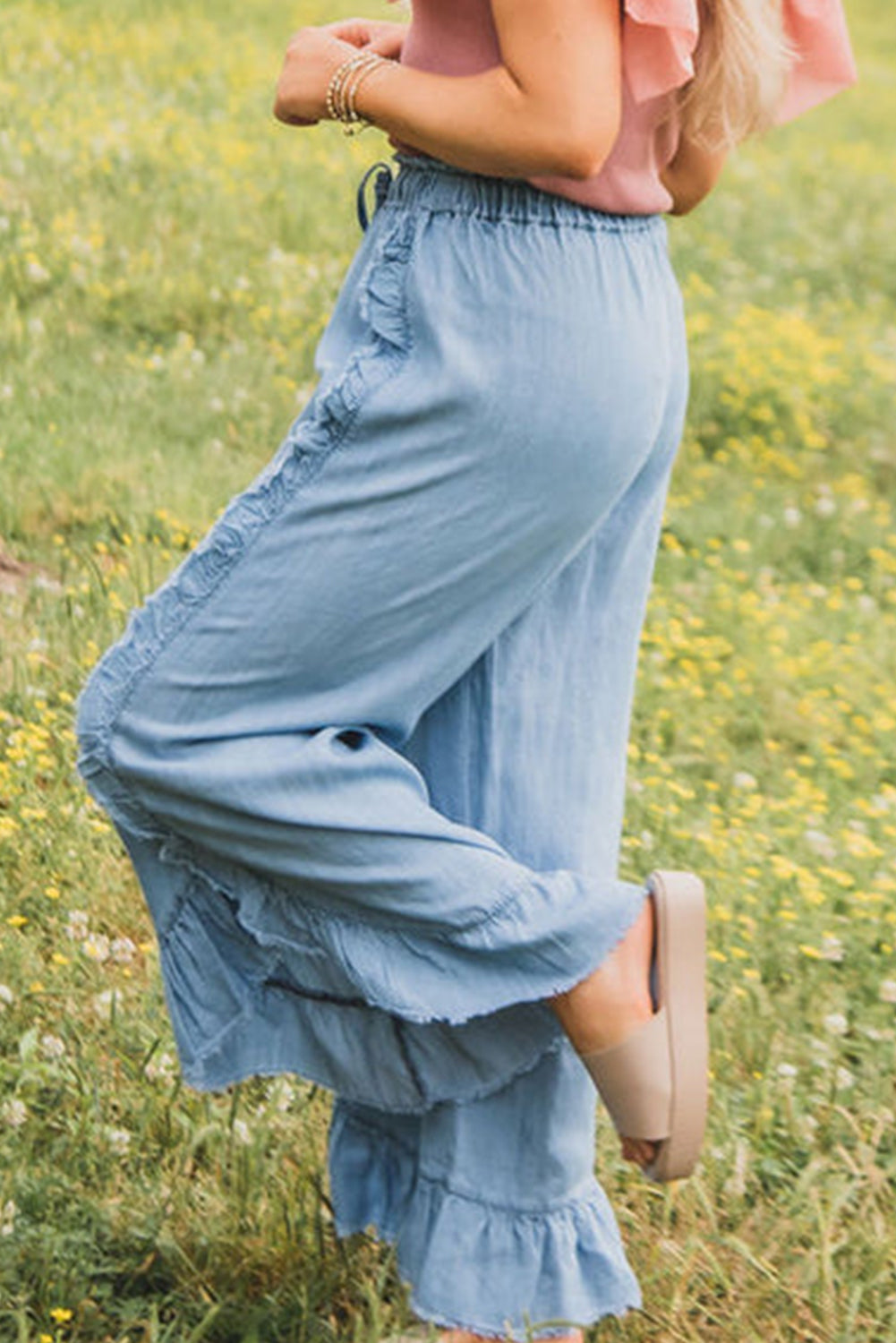 Ruffled Raw Hem Wide Leg Jeans in Myosotis Light Wash - ALOE WINGS STORE