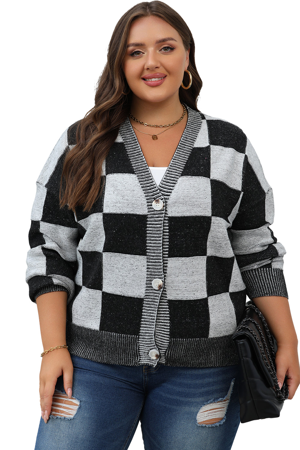 Black Checkered Drop Shoulder Buttoned V Neck Cardigan - ALOE WINGS STORE