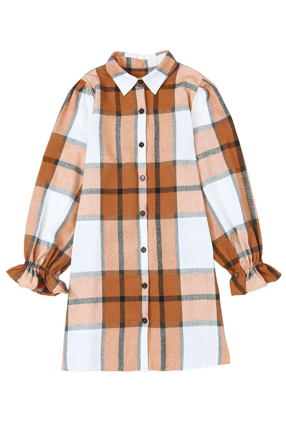 Khaki Plaid Collared Shirt Dress with Ruffled Sleeves - ALOE WINGS STORE