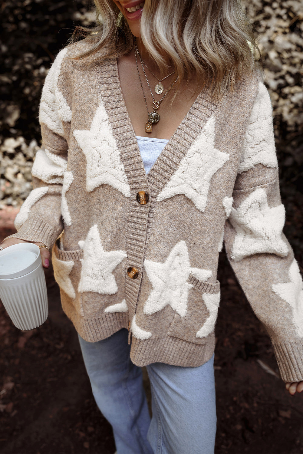 Khaki Sherpa Textured Cardigan with Star Pattern and Pockets - ALOE WINGS STORE