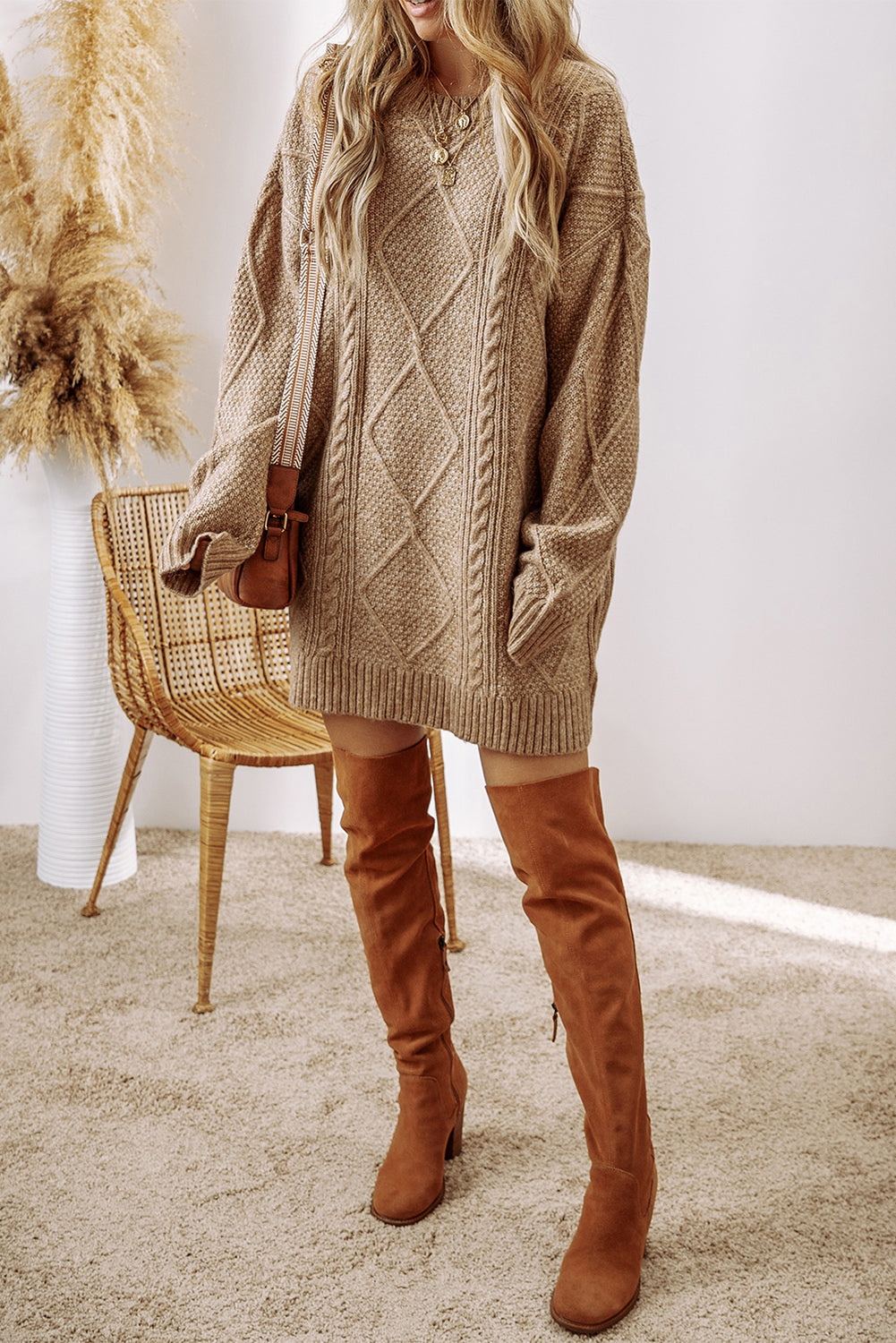 Cozy Loose Cable Knit Sweater Dress - ALOE WINGS STORE