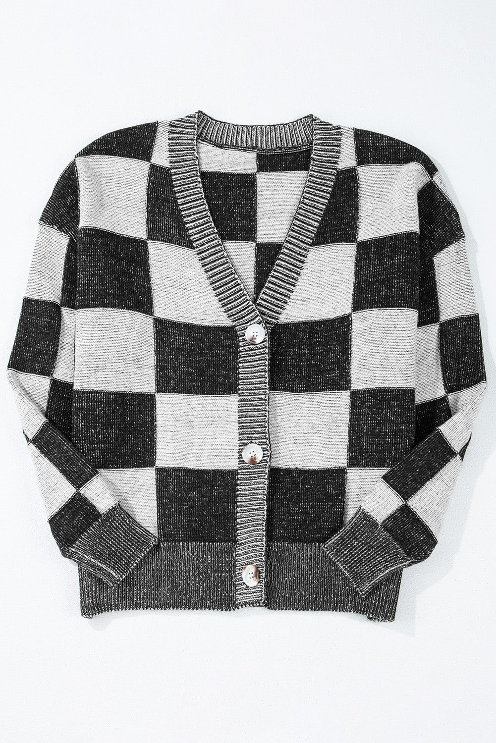 Black Checkered Drop Shoulder Buttoned V Neck Cardigan - ALOE WINGS STORE