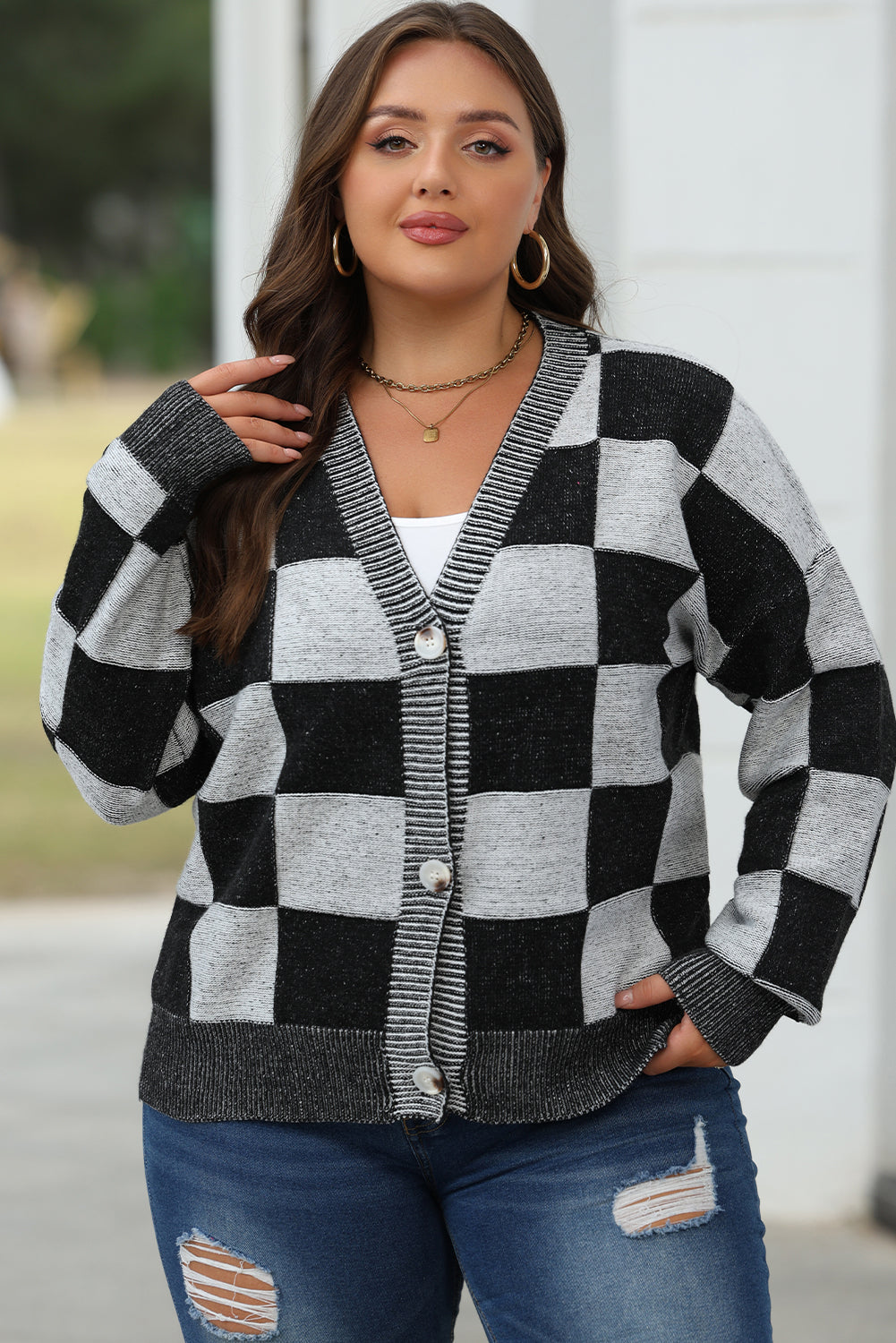 Black Checkered Drop Shoulder Buttoned V Neck Cardigan - ALOE WINGS STORE