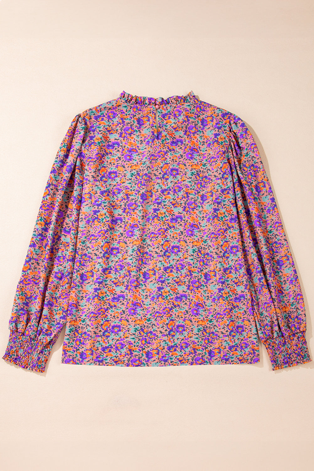 Purple Floral Print Frilled O-Neck Blouse with Shirred Cuffs - ALOE WINGS STORE