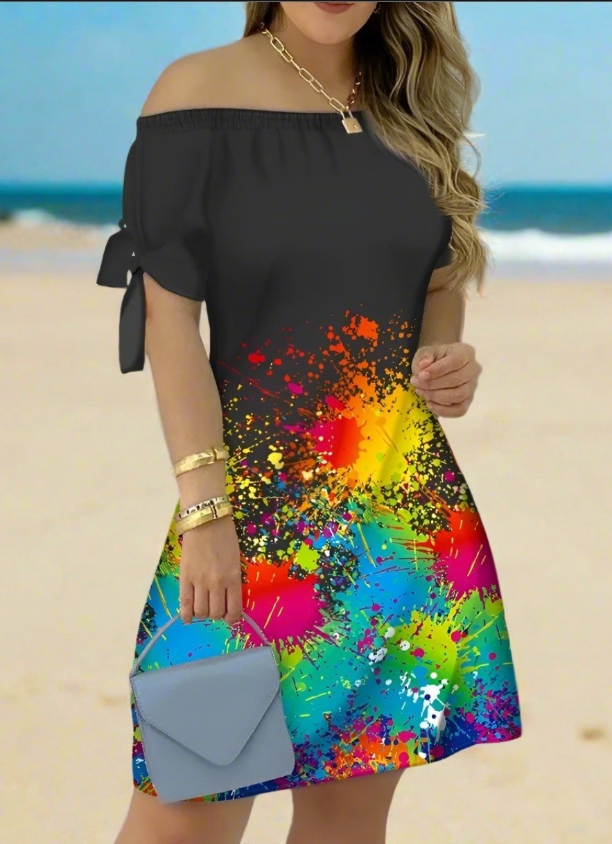 Women's Off-Shoulder Mini Dress – Casual Summer Short Sleeve Dress with Bow Detail | Elegant Relaxed Fit Party Outfit (Sizes up to 3XL)