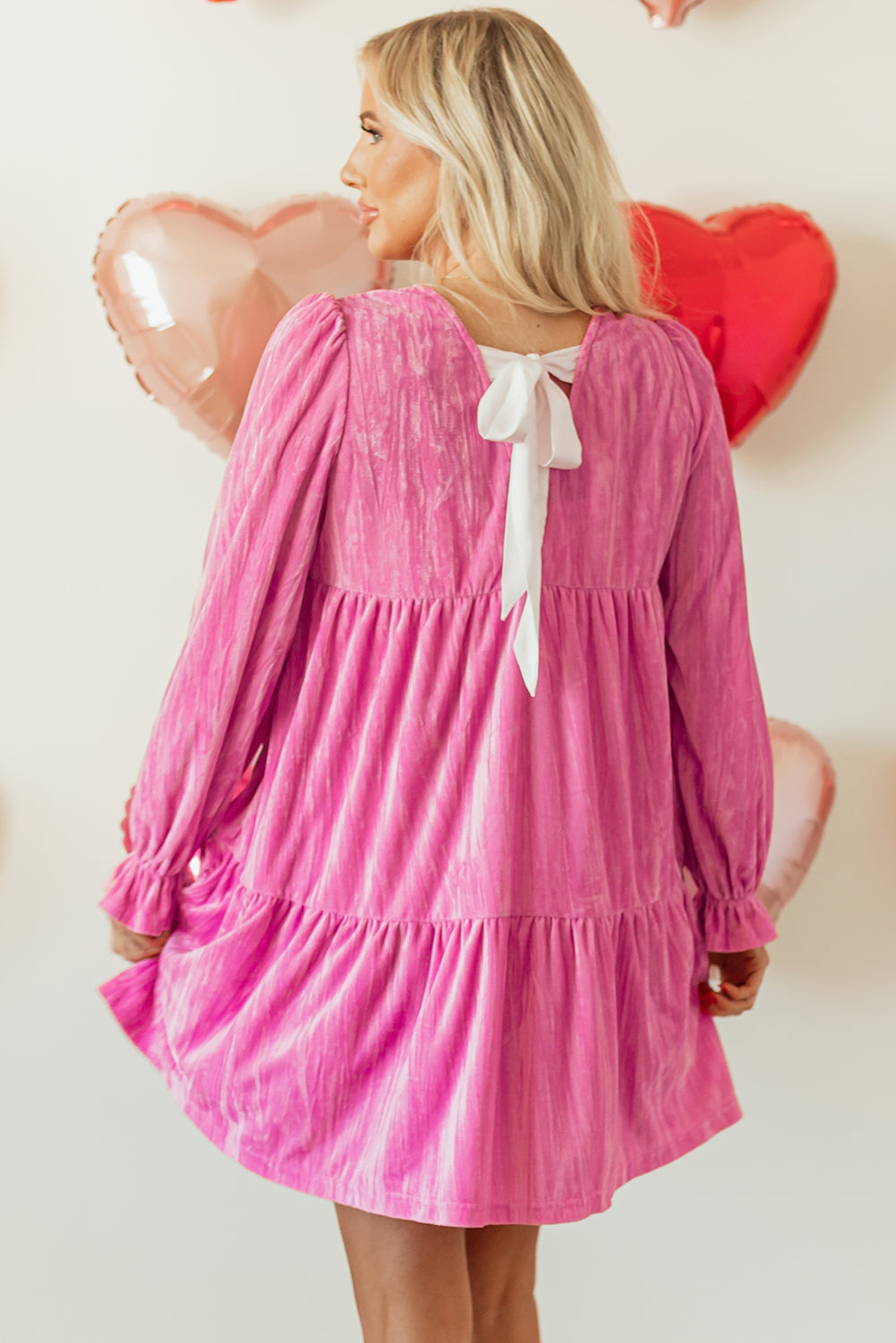 Strawberry Pink Tiered Ruffled Velvet Mini Dress with Flounce Sleeves - ALOE WINGS STORE